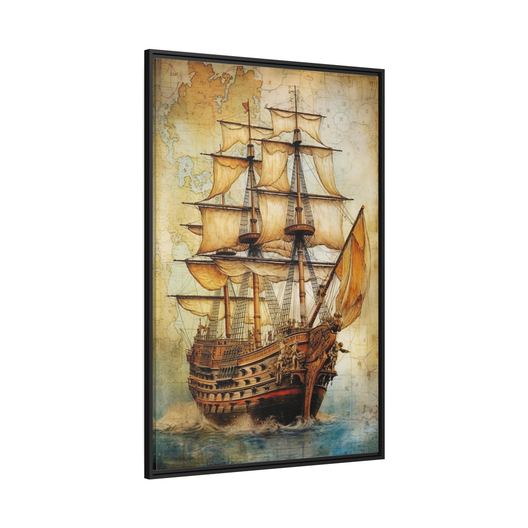 Pirate Ship On Antique Treasure Map Nautical Wall Art side view