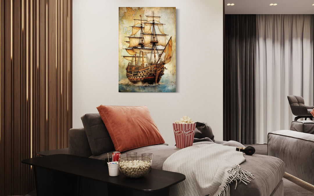 Pirate Ship On Antique Treasure Map Nautical Wall Art in man cave
