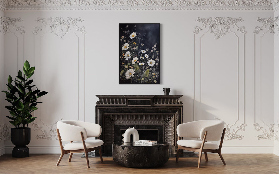 Black White Wildflowers Chamomiles Framed Canvas Wall Art above mantel