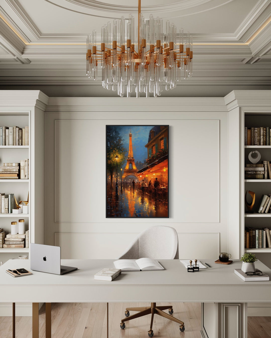 Eiffel Tower And Paris Street Cafe Framed Canvas Wall Art in the office