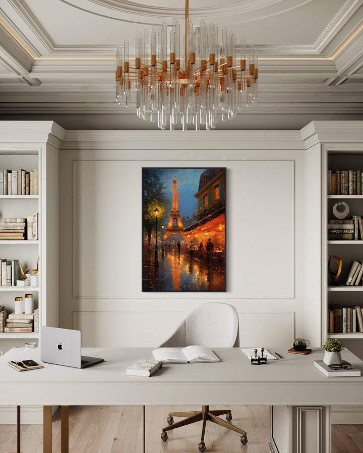 Eiffel Tower And Paris Street Cafe Framed Canvas Wall Art in the office