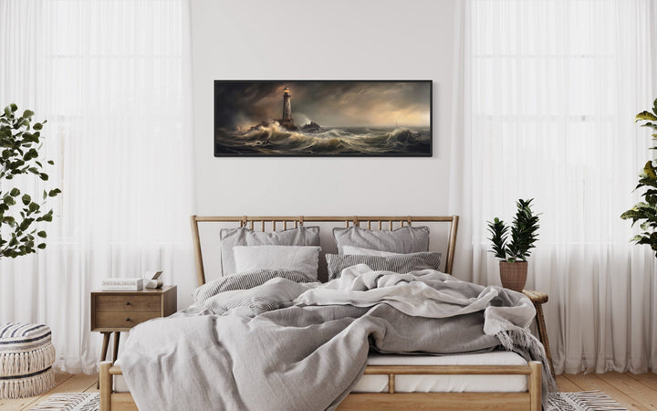 Lighthouse in Storm Large Panoramic Nautical Wall Art above bed