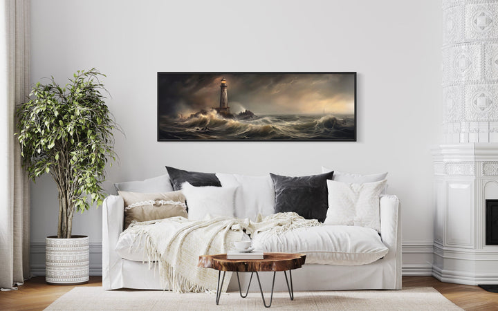 Lighthouse in Storm Large Panoramic Nautical Wall Art above white couch