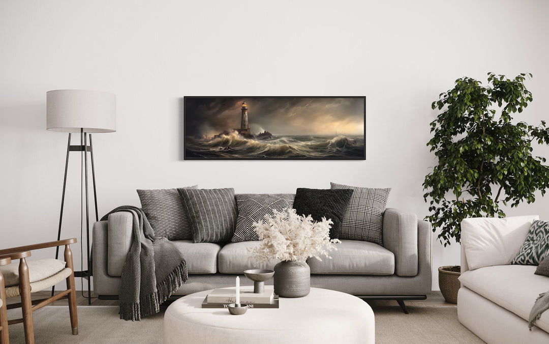 Lighthouse in Storm Large Panoramic Nautical Wall Art above grey bed