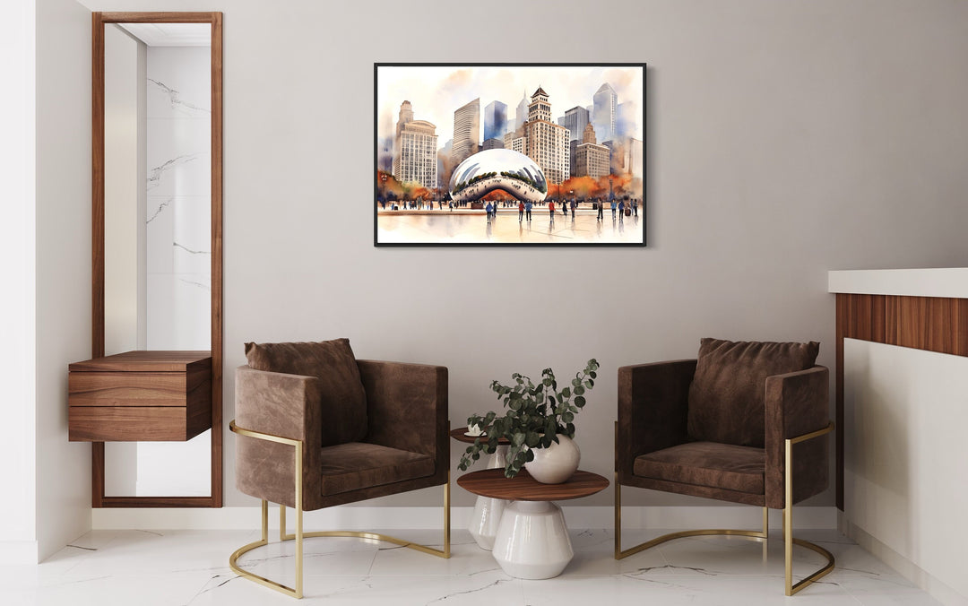 Chicago Cloud Gate The Bean Watercolor Framed Canvas Wall Art in hallway