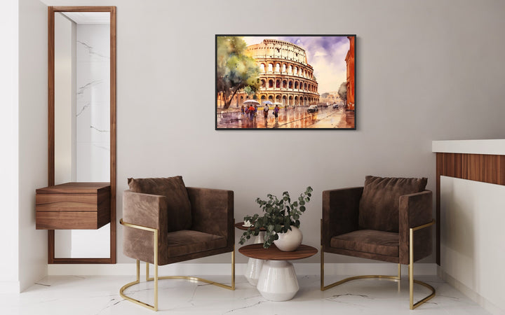 Rome Street With The Colosseum Vintage Framed Canvas Wall Art in the hallway