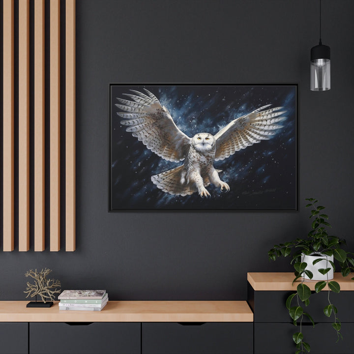 Snowy Owl Flying At Night Framed Canvas Wall Art