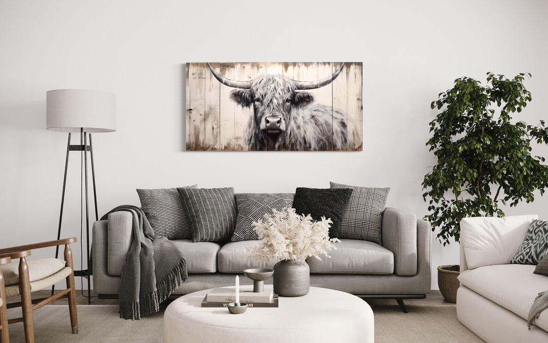 Highland Cow Painting Farmhouse Wall Art above grey couch
