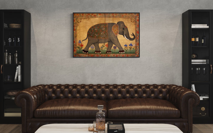 Indian Elephant Traditional Wall Art in modern room over brown couch