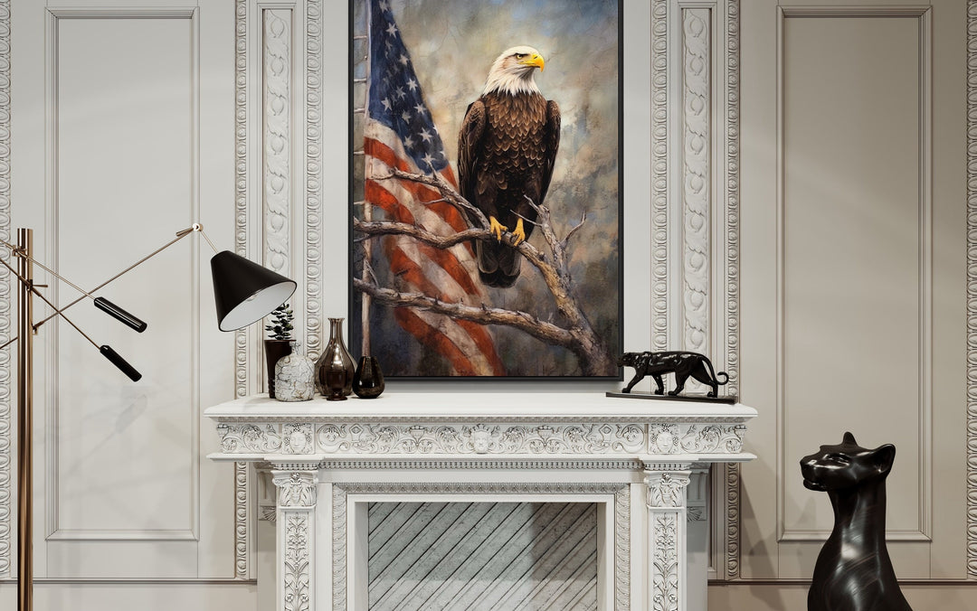 Bald Eagle With American Framed Patriotic Wall Art above fireplace