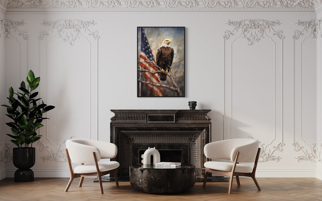 Bald Eagle With American Framed Patriotic Wall Art above mantel