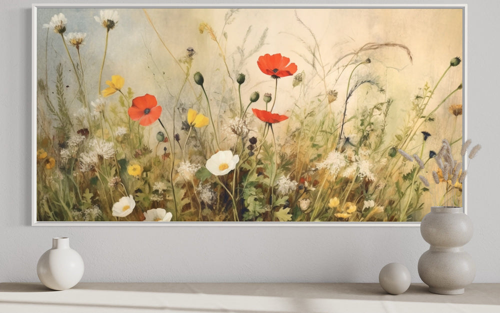 Yellow Boho Wildflowers Field Large Framed Canvas Wall Art close up