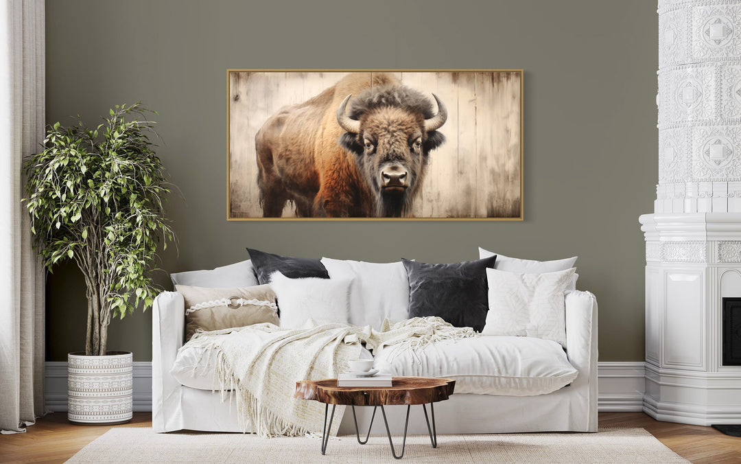 Rustic American Bison Painted On Wood Framed Canvas Wall Art above white couch