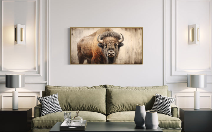 Rustic American Bison Painted On Wood Framed Canvas Wall Art