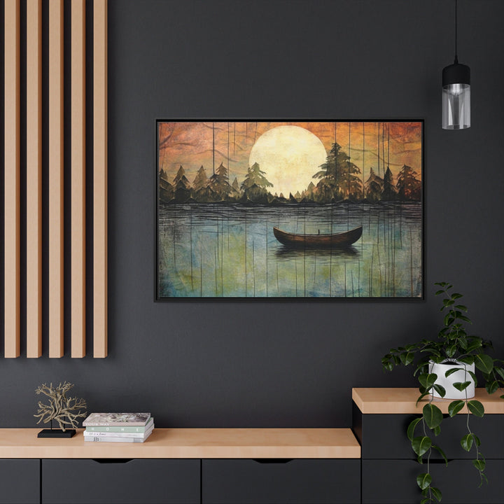 Great Outdoors Nature Lake Moon Boat Framed Canvas Wall Art in dark room