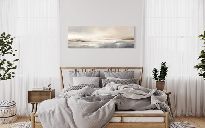 Minimalist Neutral Abstract Watercolor Ocean Beach Horizontal Over Bed Wall Art above bed