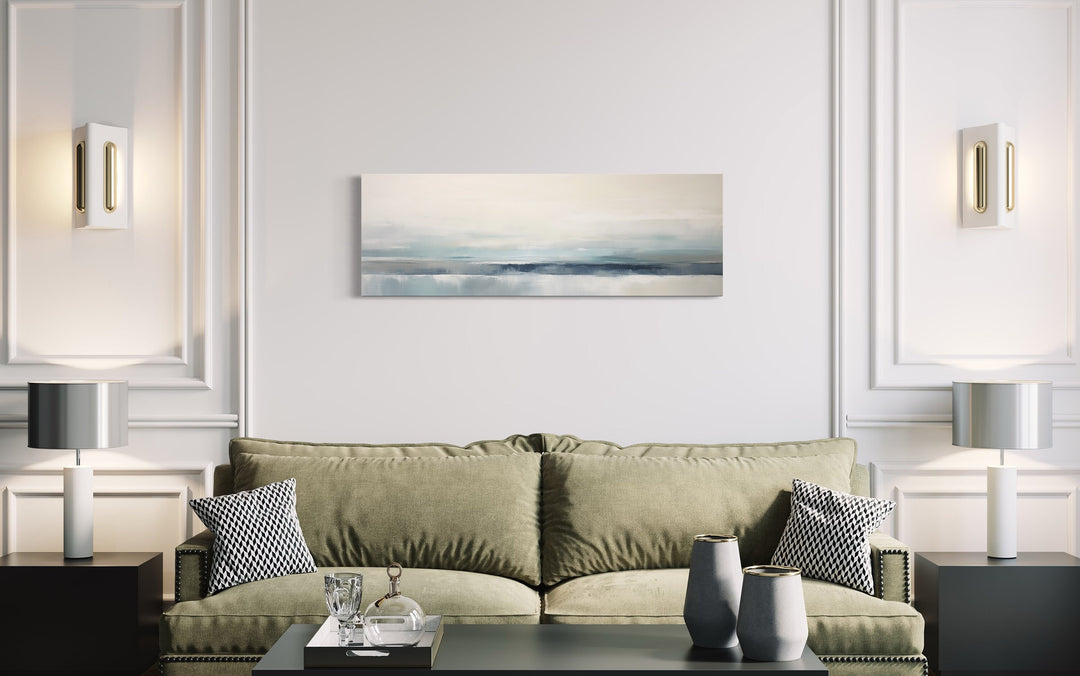 Blue Gray Calm Coastal Over Bed Framed Canvas Wall Art in living room