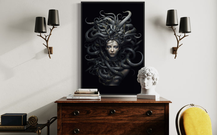 Black Medusa Greek Gorgon Framed Canvas Wall Art in living room