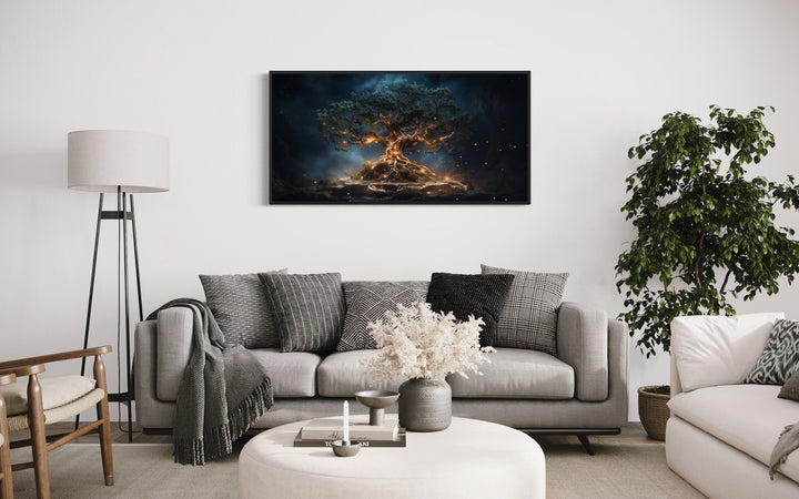 Yggdrasil Tree Of Life Navy Blue Framed Canvas Wall Art above grey couch
