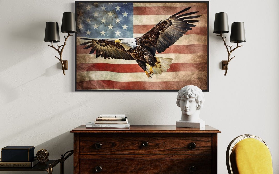 Bald Eagle And American Flag Framed Canvas Wall Art