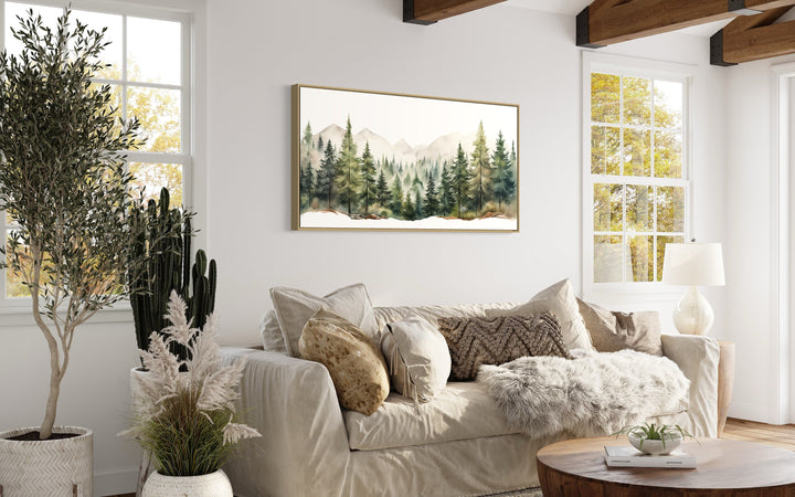 Sage Green Forest Mountain Landscape Framed Canvas Wall Art above beige couch