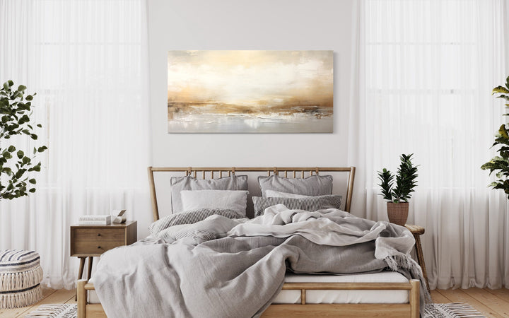 White Gold Elegant Abstract Painting canvas wall art above bed