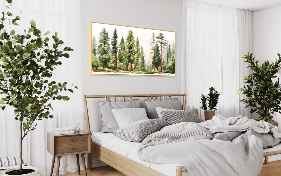 Woodlands Forest Watercolor Framed Canvas Wall Art above bed