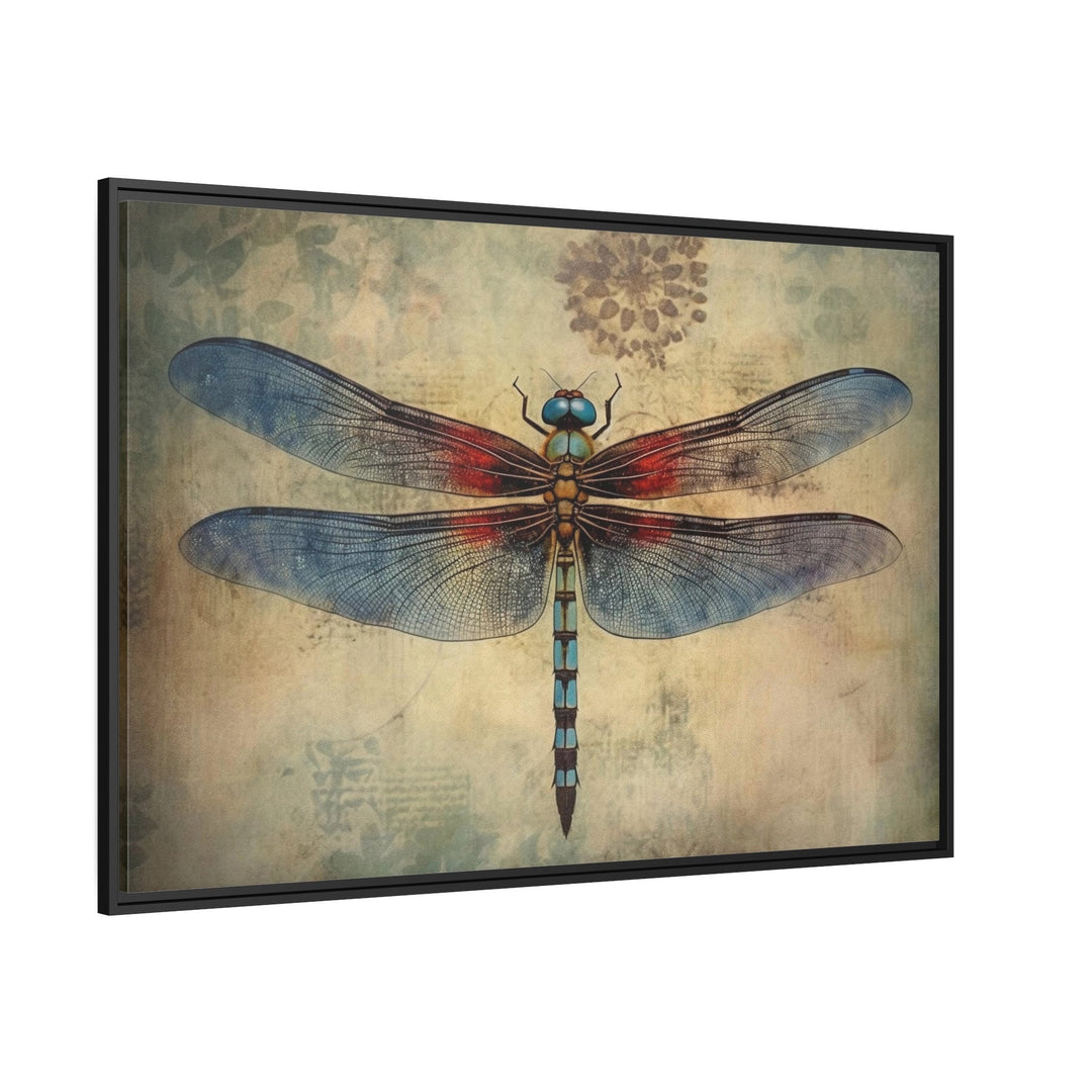 Dragonfly Illustration Vintage Rustic Framed Canvas Wall Art side view