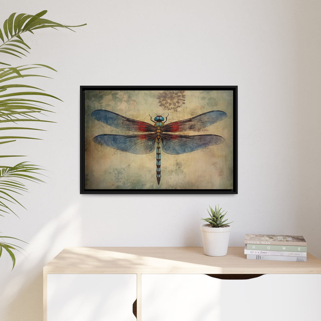 Dragonfly Illustration Vintage Rustic Framed Canvas Wall Art above white table
