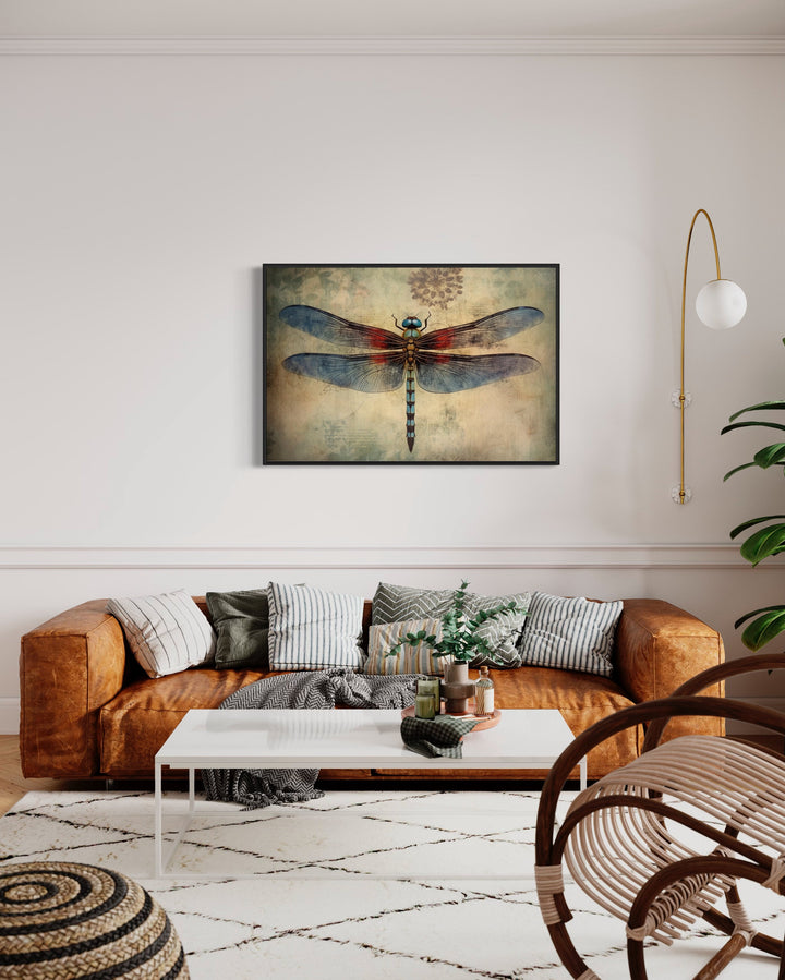 Dragonfly Illustration Vintage Rustic Framed Canvas Wall Art in living room