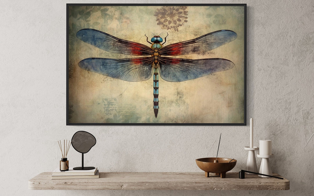 Dragonfly Illustration Vintage Rustic Framed Canvas Wall Art