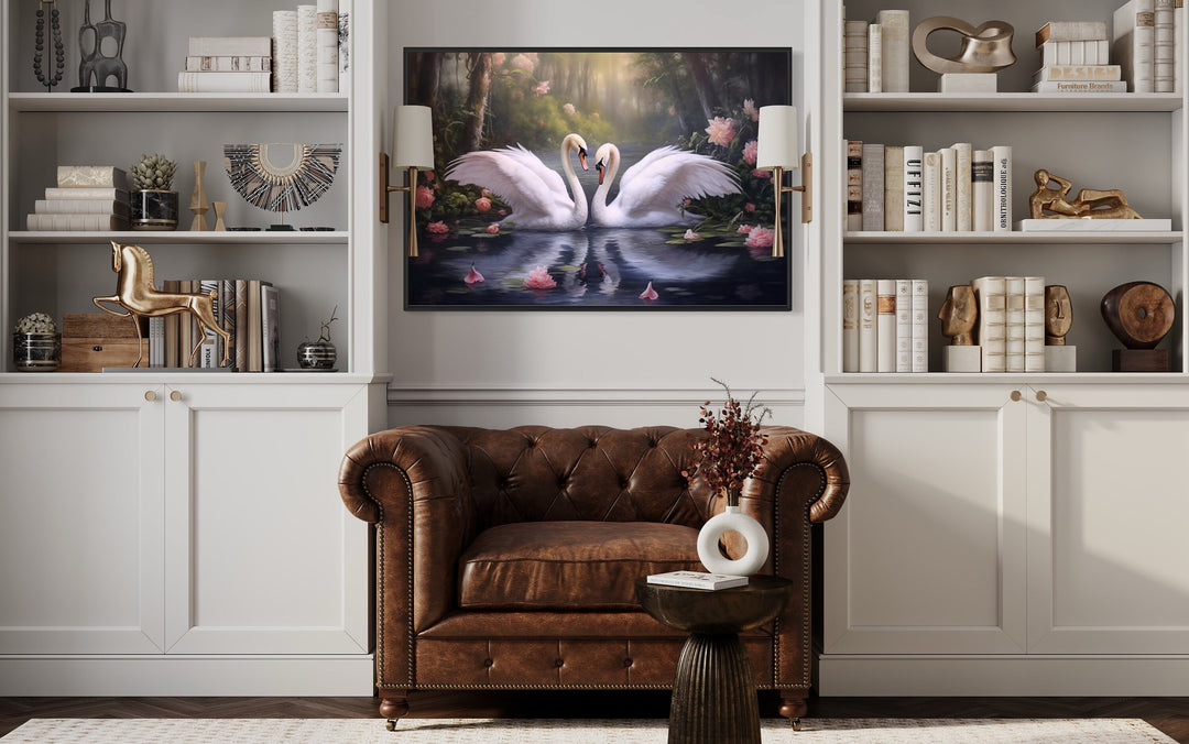 Two White Swans In The Lake Romantic Framed Canvas Wall Art in library