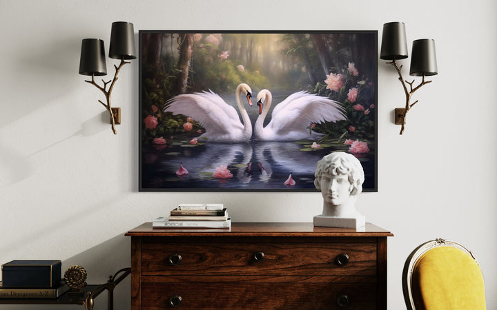 Two White Swans In The Lake Romantic Framed Canvas Wall Art