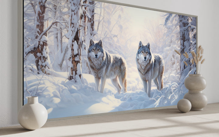 Wolves in Winter Forest Snow Photography Style Canvas Wall Art side view