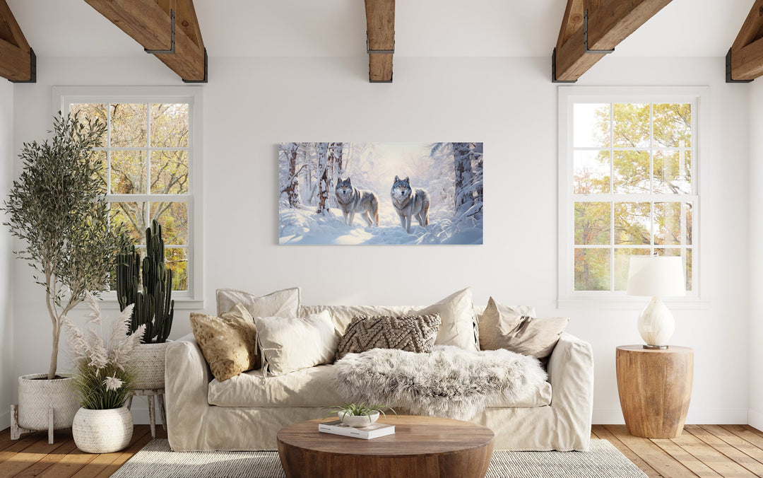 Wolves in Winter Forest Snow Photography Style Canvas Wall Art in living room