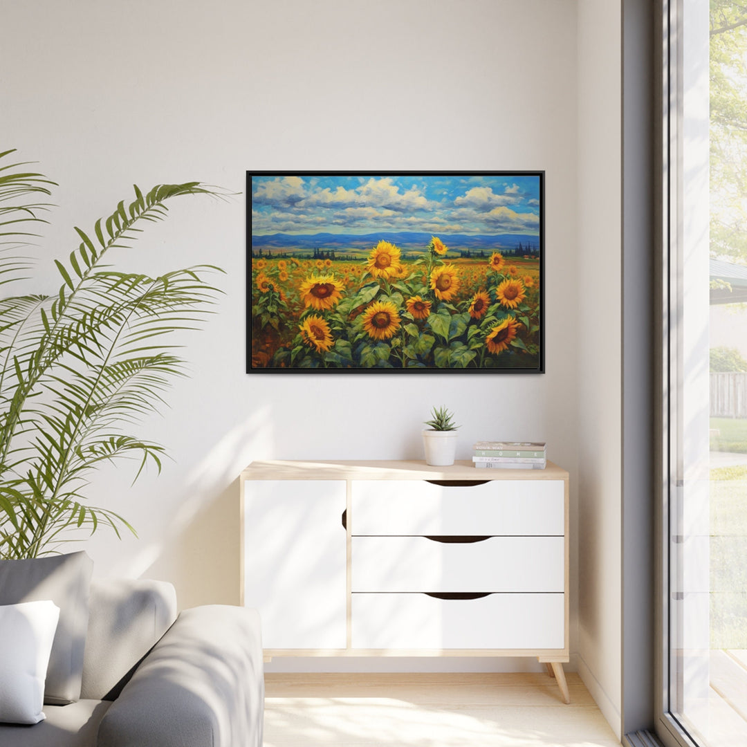 Traditional Ukrainian Sunflower Field Framed Canvas Wall Art in living room