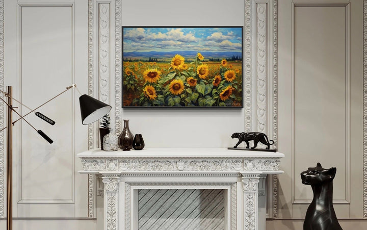 Traditional Ukrainian Sunflower Field Framed Canvas Wall Art above fireplace