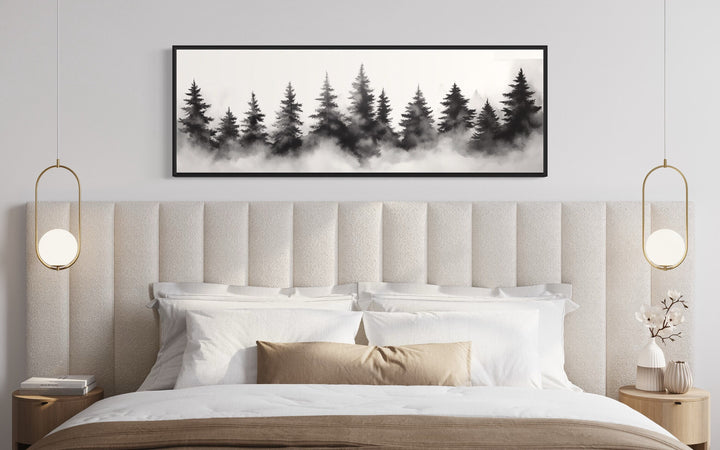 Black And White Watercolor Foggy Pine Tree Forest Horizontal Canvas Wall Art above bed