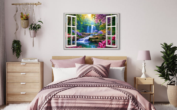 Vibrant Garden And Waterfall Fake Window Wall Art in living room