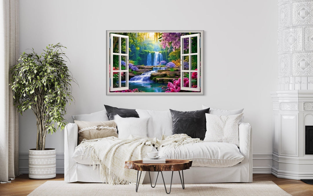 Vibrant Garden And Waterfall Fake Window Wall Art above white couch