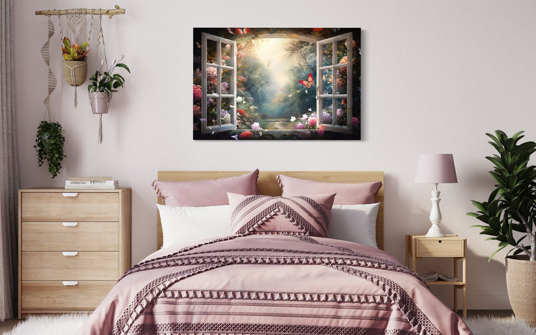 Enchanted Forest View From Open Window Wall Art above pink bed
