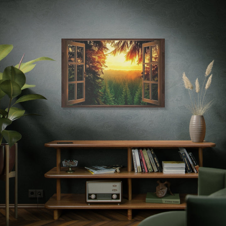 Fir Forest Sunrise Fake Window View Wall Art