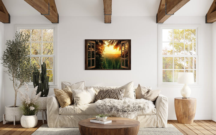 Fir Forest Sunrise Fake Window View Wall Art in living room