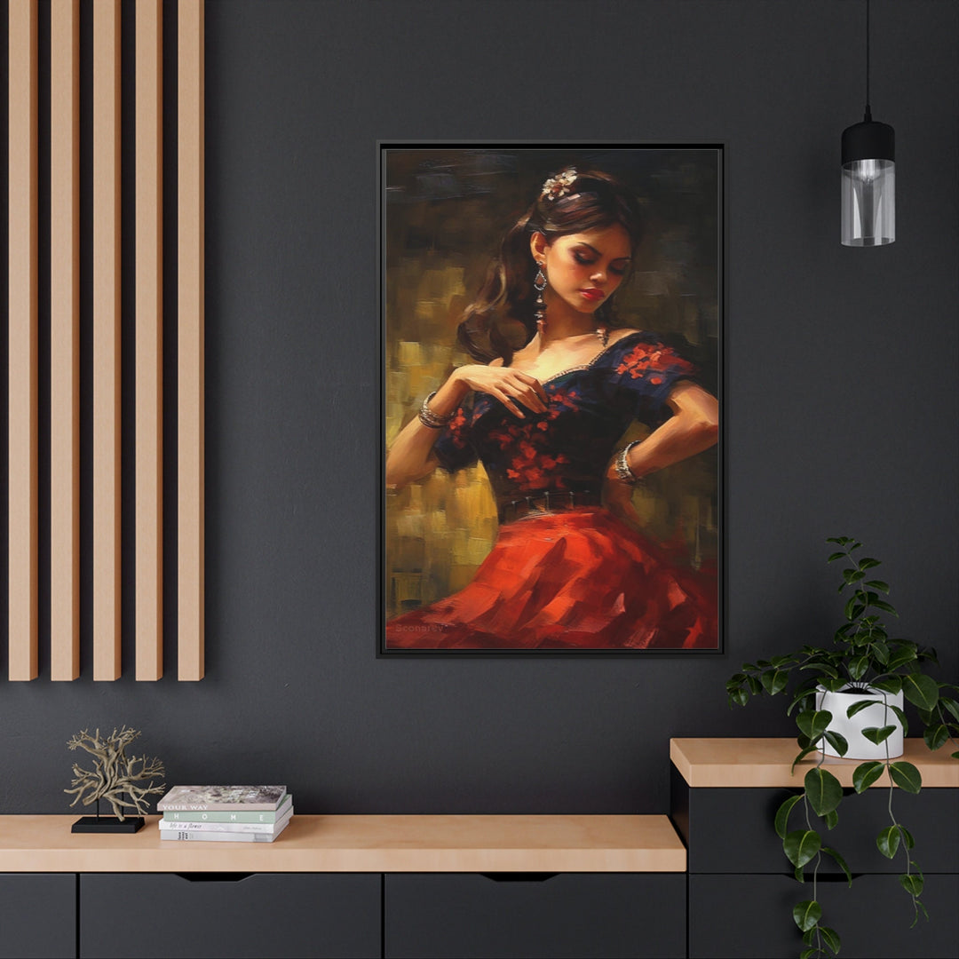 Dancing Mexican Woman In Red Framed Canvas Wall Art in the office