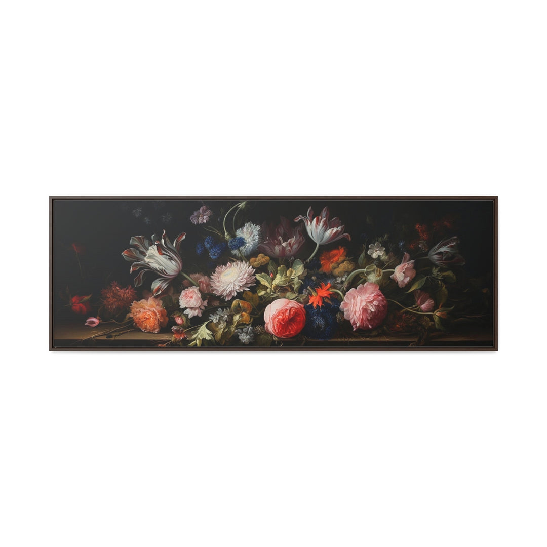 Dark Academia Antique Flowers Moody Horizontal Framed Canvas Wall Art close up