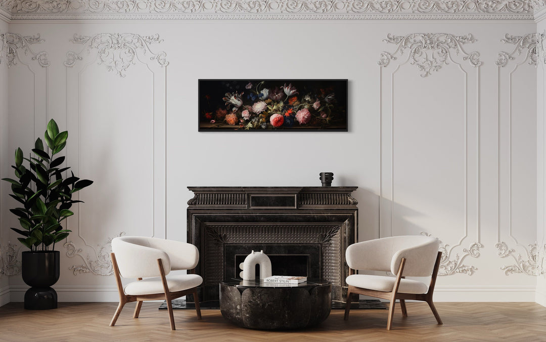 Dark Academia Antique Flowers Moody Horizontal Framed Canvas Wall Art above fireplace