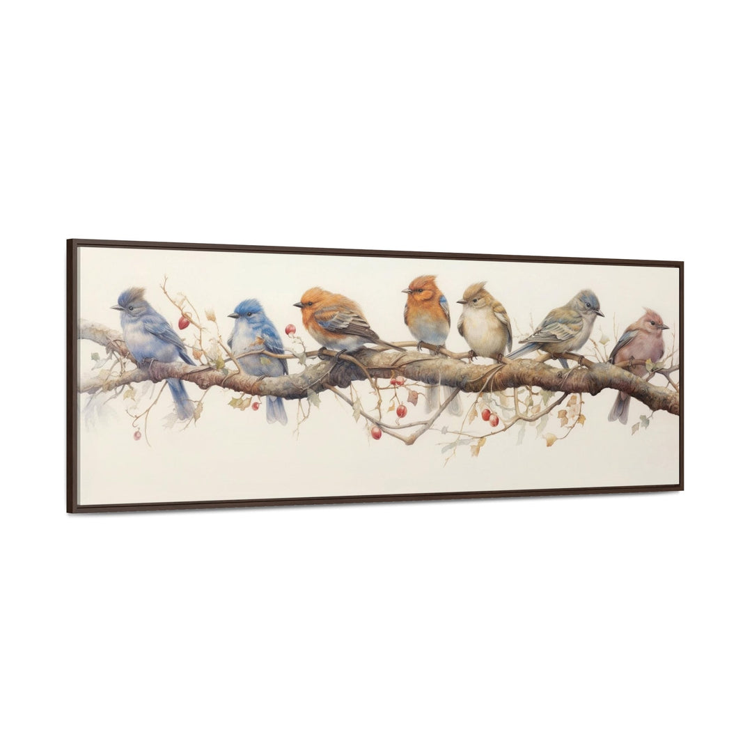 Panoramic Small Birds Perched On a Branch Watercolor canvas art