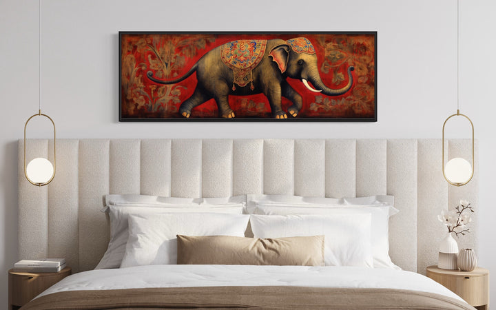 Indian Elephant Traditional Panoramic Wall Art "Majestic Elephant Parade" over white bed