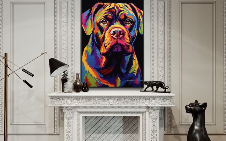 French Mastiff Dog Pop Art Portrait Canvas Wall Art above fireplace