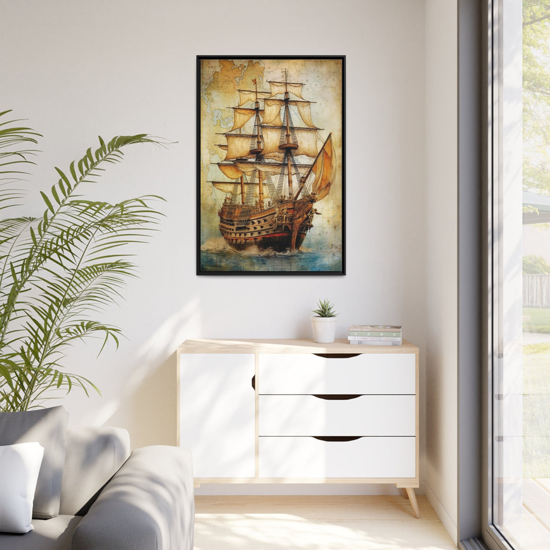 Pirate Ship On Antique Treasure Map Nautical Wall Art in modern office